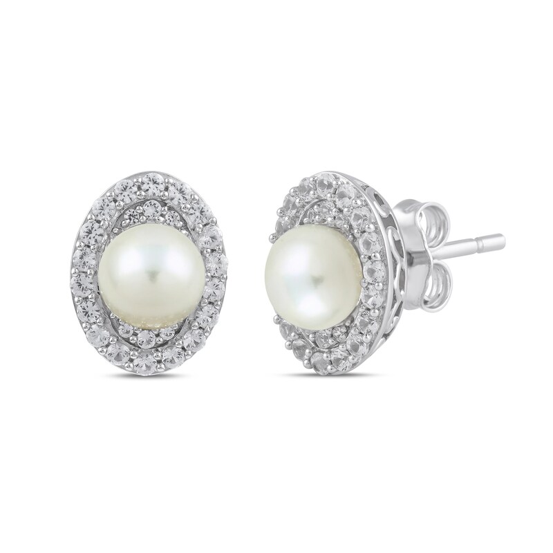 Main Image 7 of Freshwater Cultured Pearl and White Lab-Created Sapphire Oval Frame Pendant, Ring and Earrings Set in Sterling Silver