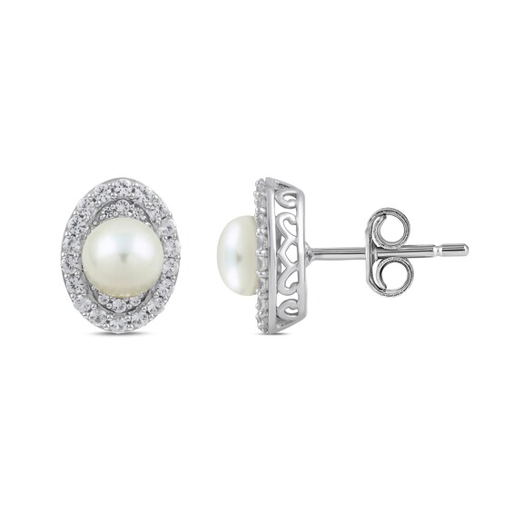 Freshwater Cultured Pearl and White Lab-Created Sapphire Oval Frame Pendant, Ring and Earrings Set in Sterling Silver