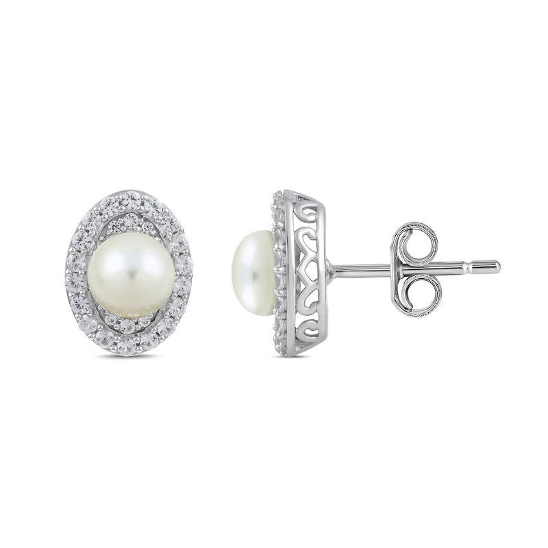 Main Image 8 of Freshwater Cultured Pearl and White Lab-Created Sapphire Oval Frame Pendant, Ring and Earrings Set in Sterling Silver