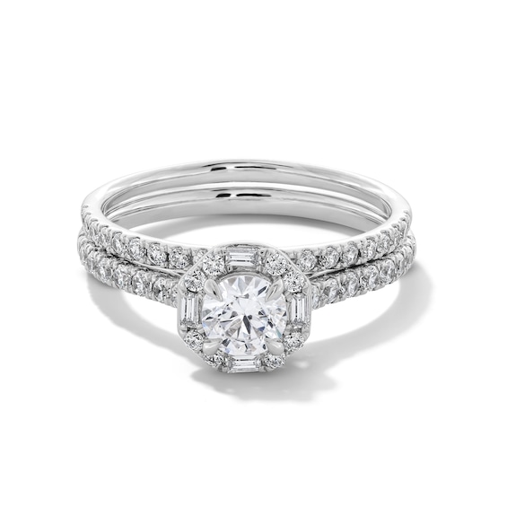 1 CT. T.w. Baguette and Round Diamond Alternating Frame Bridal Set in 14K White Gold