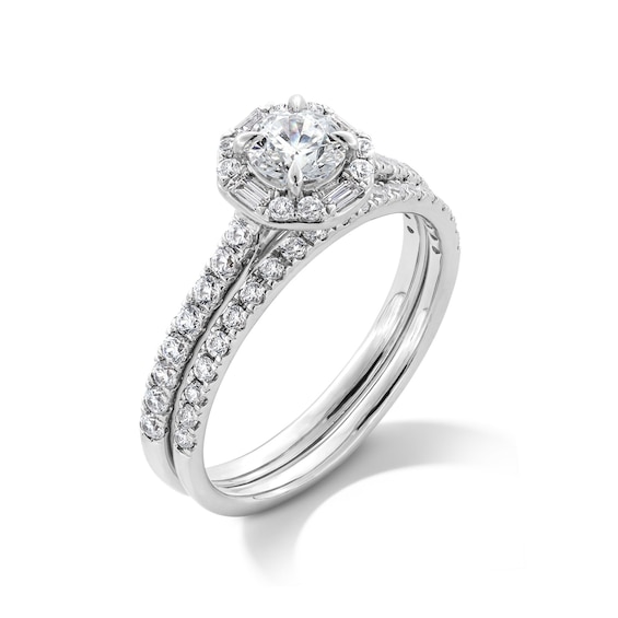 1 CT. T.w. Baguette and Round Diamond Alternating Frame Bridal Set in 14K White Gold