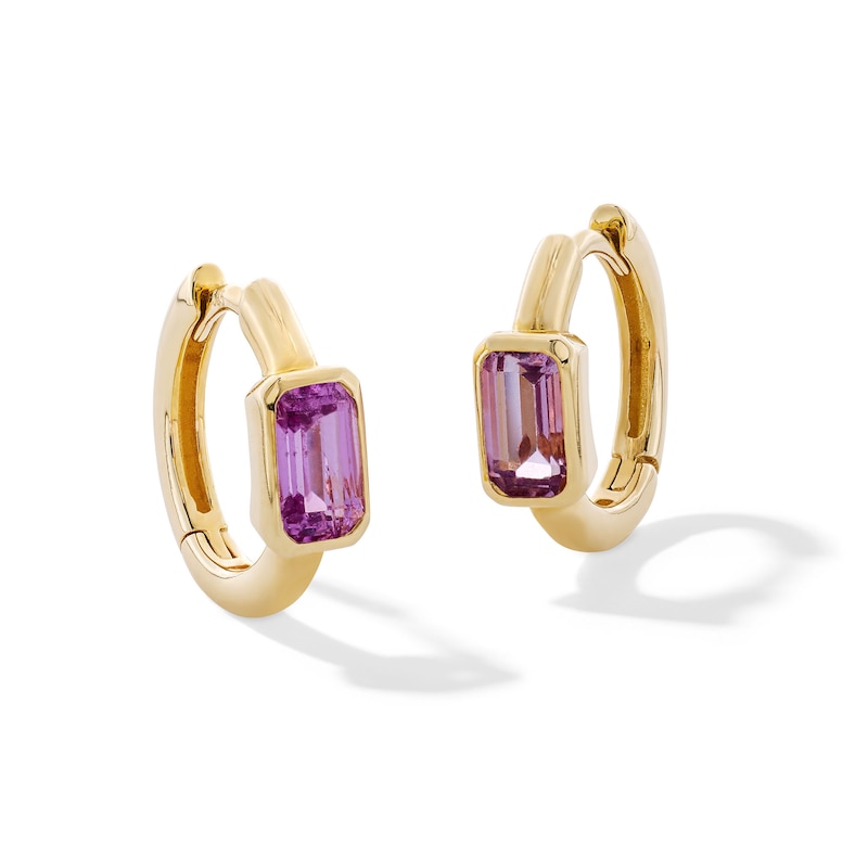 Main Image 1 of Emerald-Cut Light Pink Sapphire Hoop Earrings in 10K Gold