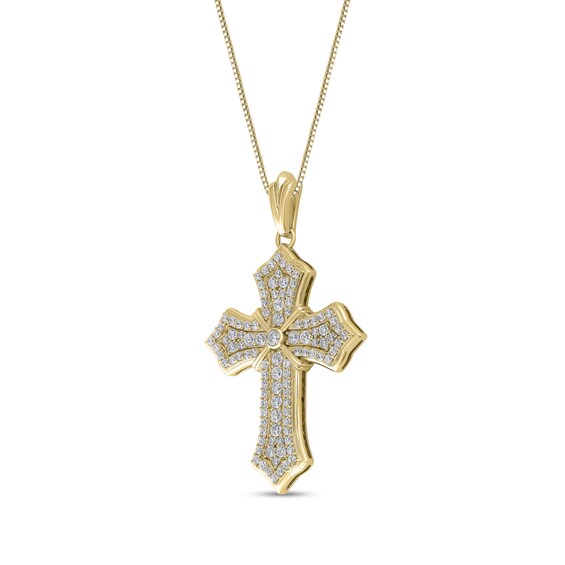 1-1/2 CT. T.w. Diamond Border Flared Cross Pendant in 10K Gold - 22"