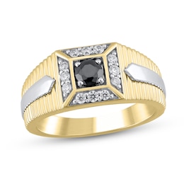 5/8 CT. T.W. Black and White Diamond Frame Square-Top Ribbed Shank Ring in 10K Two-Tone Gold