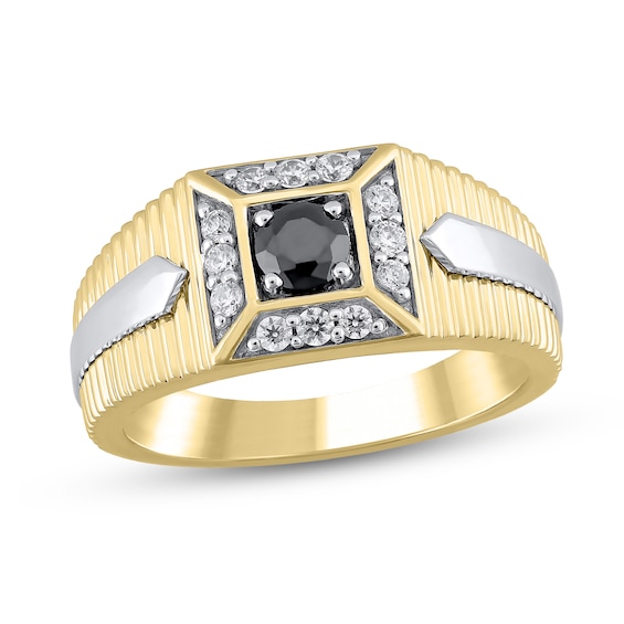 5/8 CT. T.w. Black and White Diamond Frame Square-Top Ribbed Shank Ring in 10K Two-Tone Gold