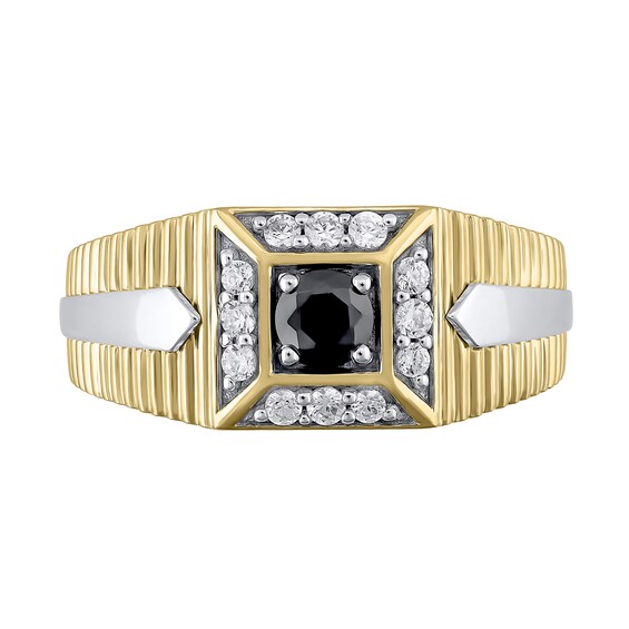 5/8 CT. T.w. Black and White Diamond Frame Square-Top Ribbed Shank Ring in 10K Two-Tone Gold