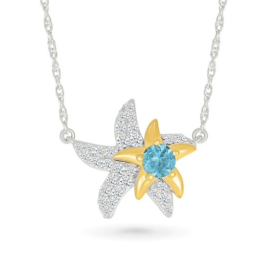 4.0mm Swiss Blue Topaz and White Lab-Created Sapphire Starfish Necklace in Sterling Silver with 10K Gold Plate