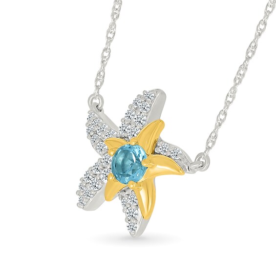 4.0mm Swiss Blue Topaz and White Lab-Created Sapphire Starfish Necklace in Sterling Silver with 10K Gold Plate