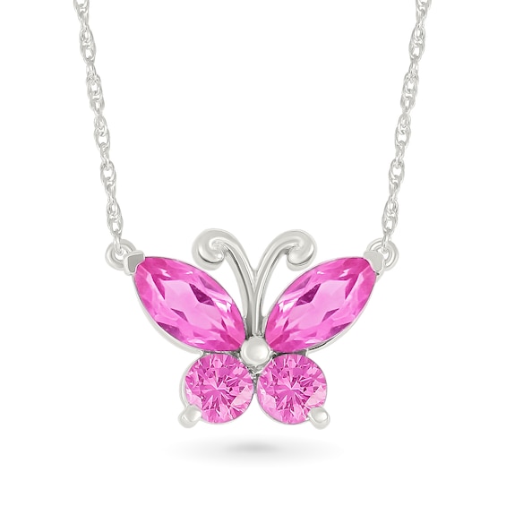 Marquise and Round Pink Lab-Created Sapphire Butterfly Necklace in Sterling Silver