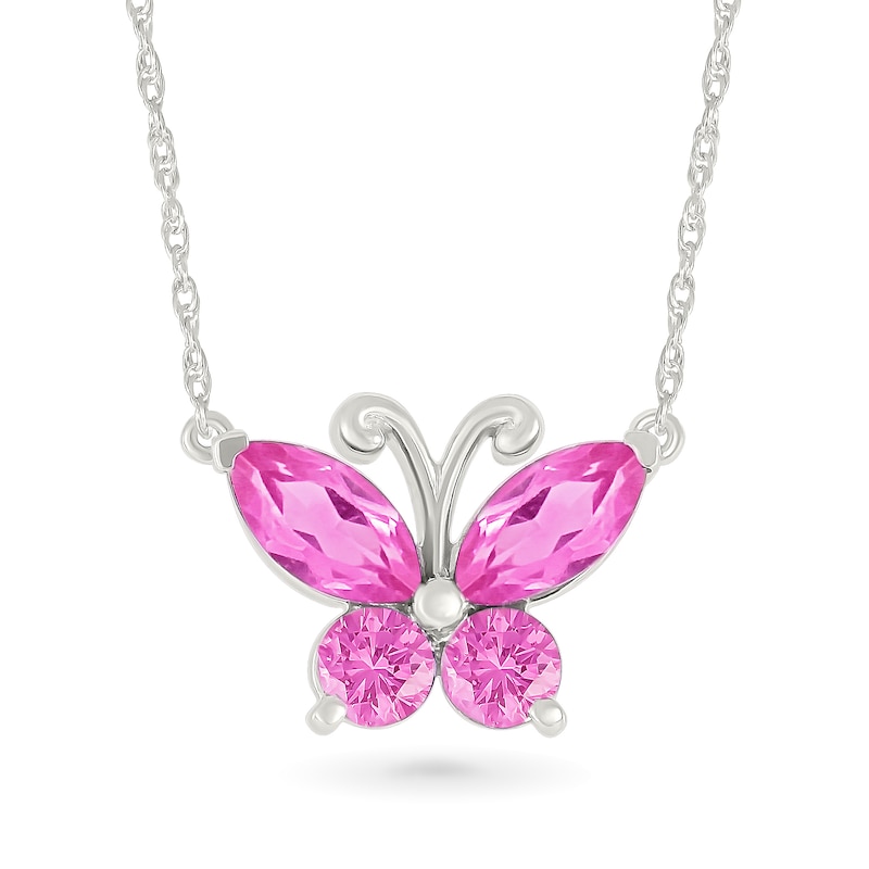 Main Image 1 of Marquise and Round Pink Lab-Created Sapphire Butterfly Necklace in Sterling Silver