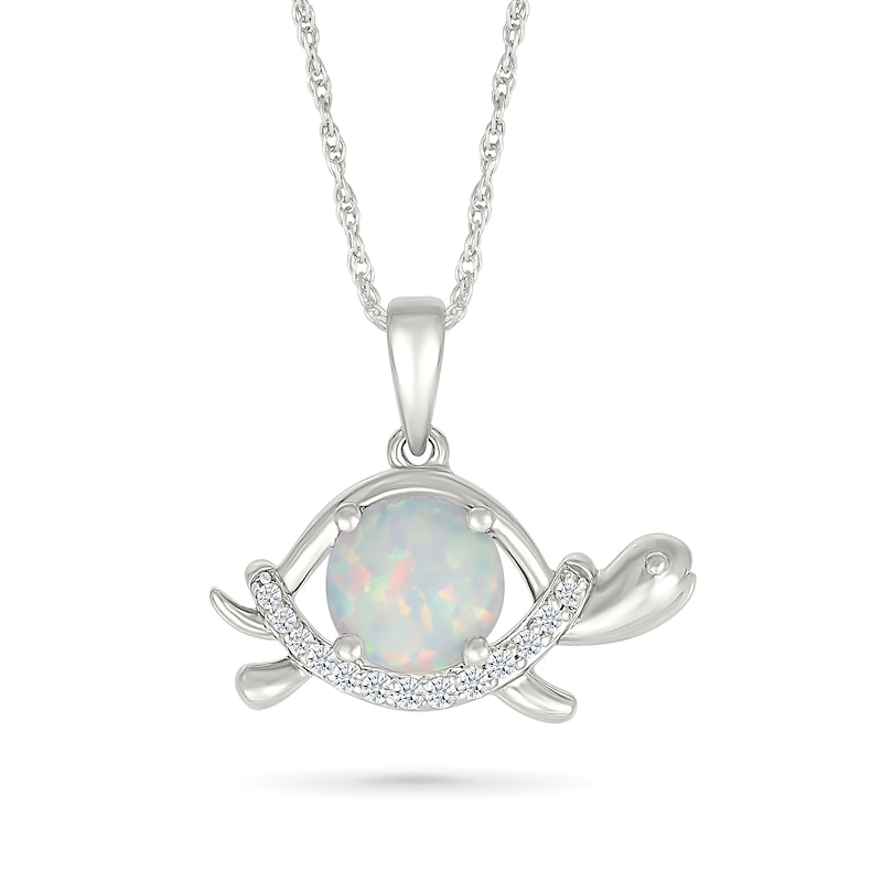 Main Image 1 of 7.0mm Lab-Created Opal and White Lab-Created Sapphire Turtle Pendant in Sterling Silver