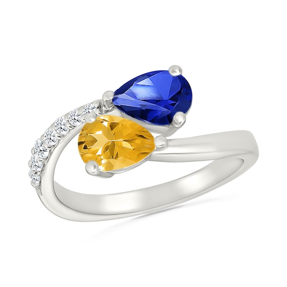 Pear-Shaped Citrine with Blue and White Lab-Created Sapphire Toi et Moi Ring in Sterling Silver