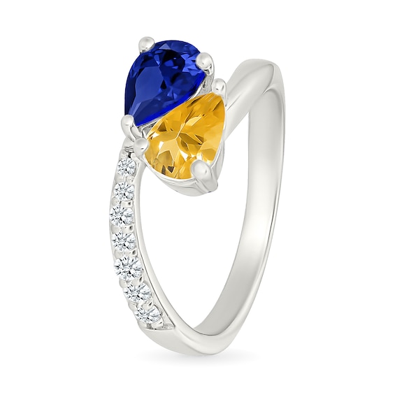 Pear-Shaped Citrine with Blue and White Lab-Created Sapphire Toi et Moi Ring in Sterling Silver