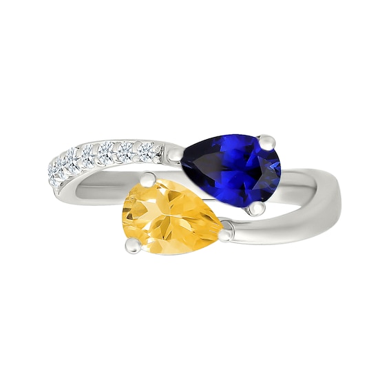 Pear-Shaped Citrine with Blue and White Lab-Created Sapphire Toi et Moi Ring in Sterling Silver