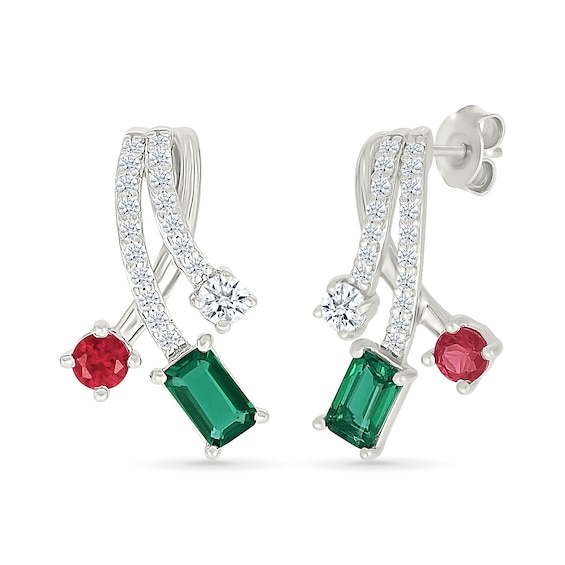 Emerald-Cut Lab-Created Emerald, Lab-Created Ruby, and White Lab-Created Sapphire Earrings in Sterling Silver