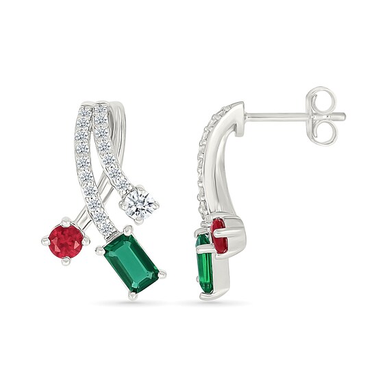 Emerald-Cut Lab-Created Emerald, Lab-Created Ruby, and White Lab-Created Sapphire Earrings in Sterling Silver