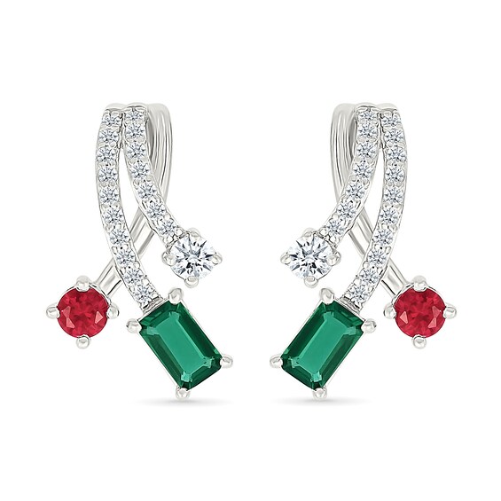 Emerald-Cut Lab-Created Emerald, Lab-Created Ruby, and White Lab-Created Sapphire Earrings in Sterling Silver