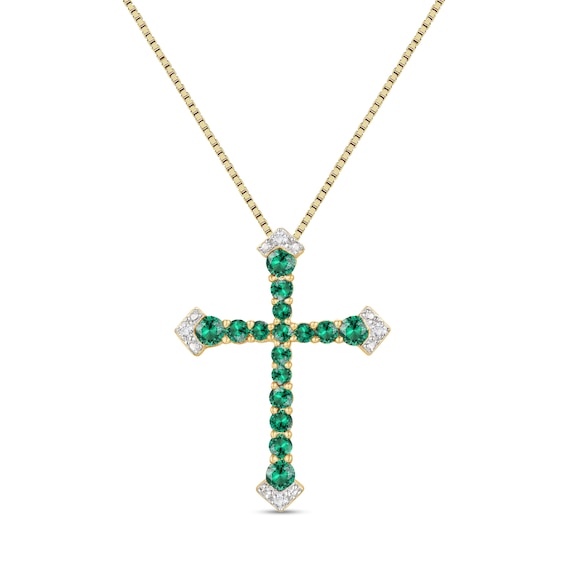 Lab-Created Emerald and Diamond Accent Graduated Cross Pendant in Sterling Silver with 14K Gold Plate