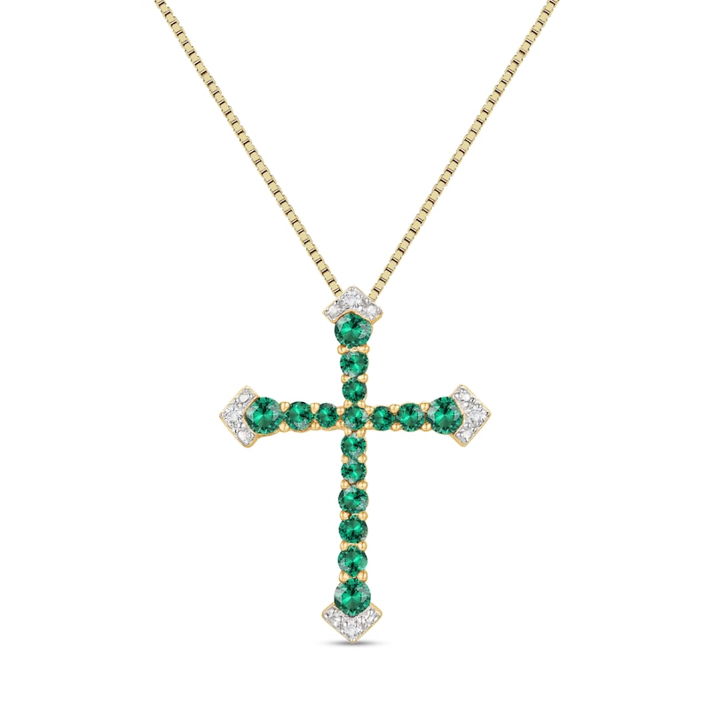 Main Image 1 of Lab-Created Emerald and Diamond Accent Graduated Cross Pendant in Sterling Silver with 14K Gold Plate