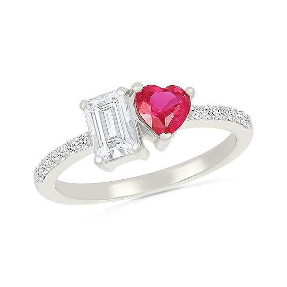 5.0mm Heart-Shaped Lab-Created Ruby and Emerald-Cut White Lab-Created Sapphire Ring in Sterling Silver