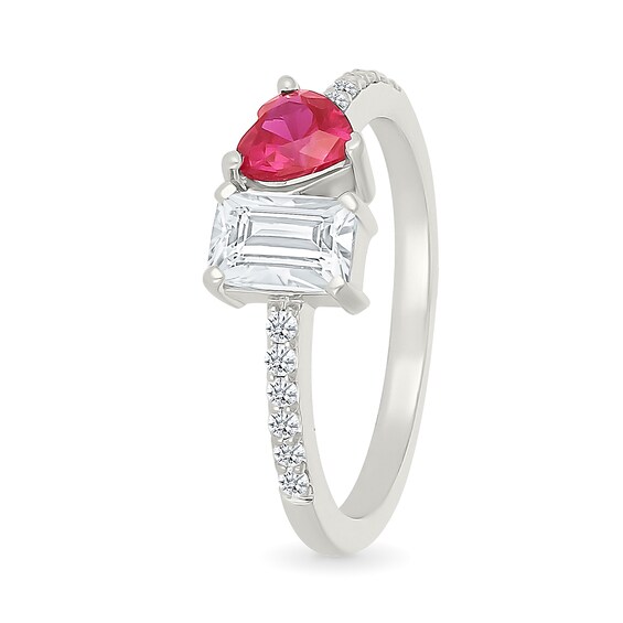 5.0mm Heart-Shaped Lab-Created Ruby and Emerald-Cut White Lab-Created Sapphire Ring in Sterling Silver