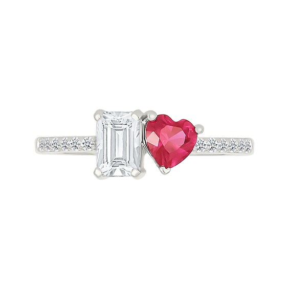 5.0mm Heart-Shaped Lab-Created Ruby and Emerald-Cut White Lab-Created Sapphire Ring in Sterling Silver