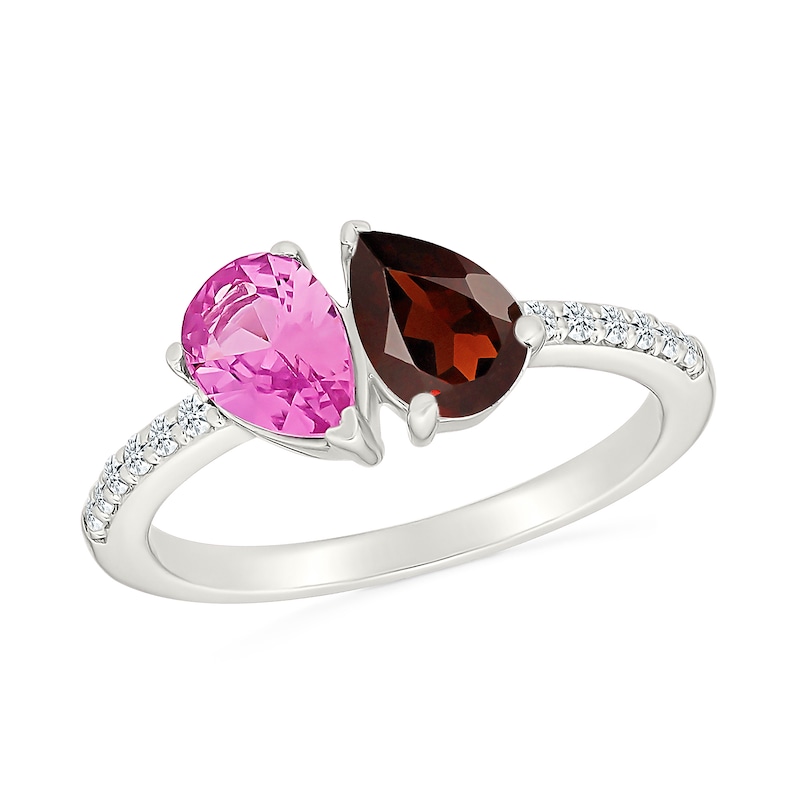Main Image 1 of Pear-Shaped Garnet with Pink and White Lab-Created Sapphire Toi et Moi Ring in Sterling Silver