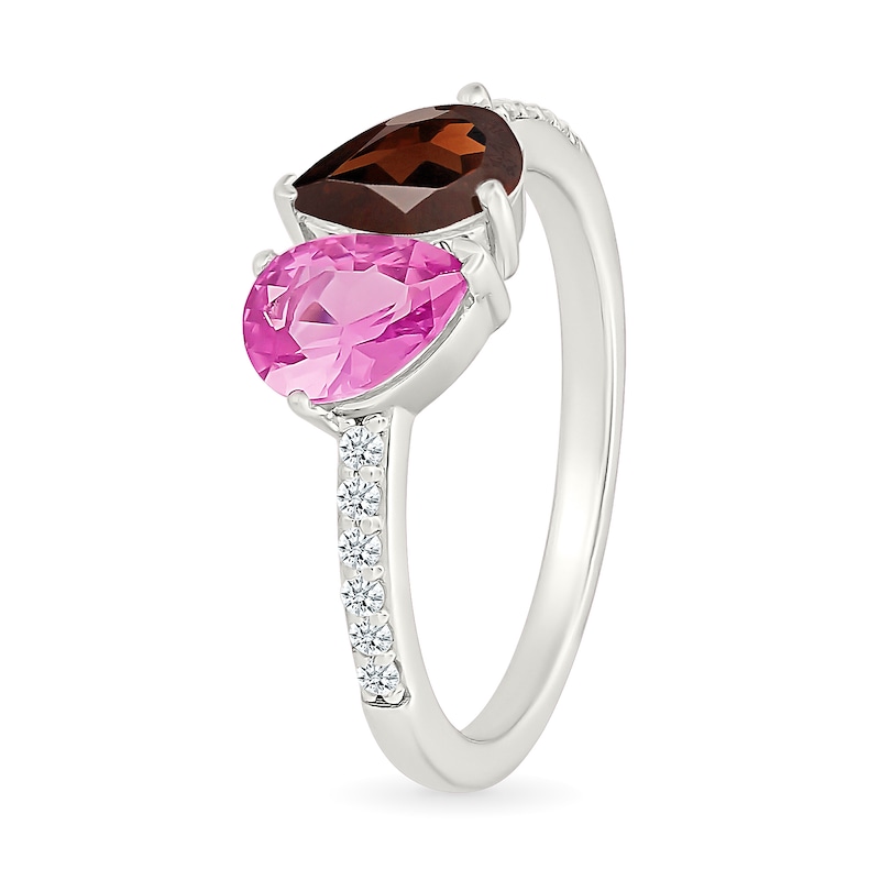 Main Image 2 of Pear-Shaped Garnet with Pink and White Lab-Created Sapphire Toi et Moi Ring in Sterling Silver