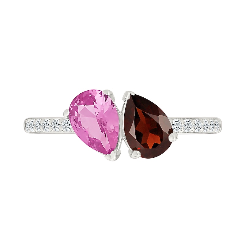 Main Image 3 of Pear-Shaped Garnet with Pink and White Lab-Created Sapphire Toi et Moi Ring in Sterling Silver