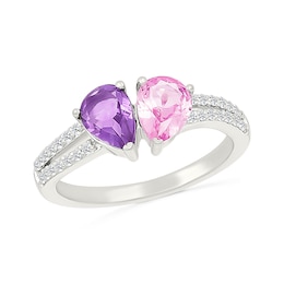 Pear-Shaped Amethyst with Pink and White Lab-Created Sapphire Toi et Moi Ring in Sterling Silver
