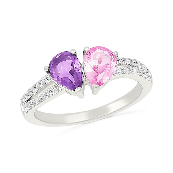 Pear-Shaped Amethyst with Pink and White Lab-Created Sapphire Toi et Moi Ring in Sterling Silver