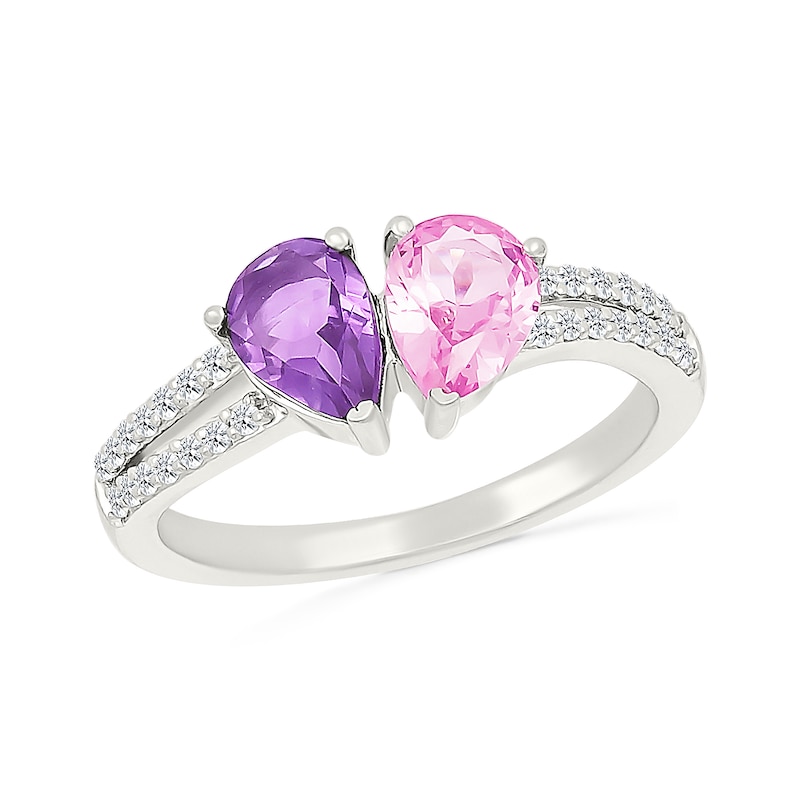 Main Image 1 of Pear-Shaped Amethyst with Pink and White Lab-Created Sapphire Toi et Moi Ring in Sterling Silver