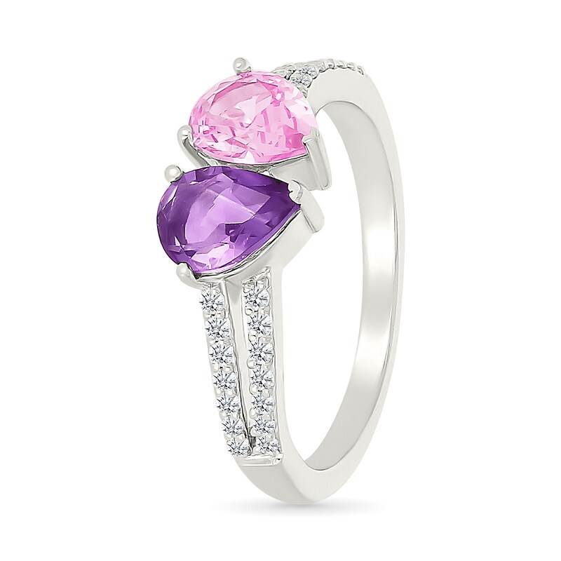 Main Image 2 of Pear-Shaped Amethyst with Pink and White Lab-Created Sapphire Toi et Moi Ring in Sterling Silver