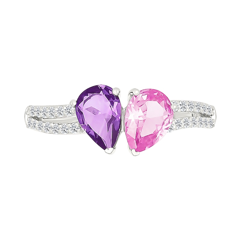 Main Image 3 of Pear-Shaped Amethyst with Pink and White Lab-Created Sapphire Toi et Moi Ring in Sterling Silver