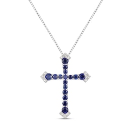 Blue Lab-Created Sapphire and Diamond Accent Graduated Cross Pendant in Sterling Silver