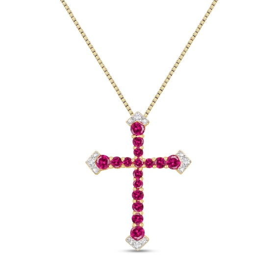 Lab-Created Ruby and Diamond Accent Graduated Cross Pendant in Sterling Silver with 14K Gold Plate