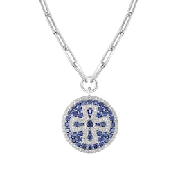 Blue and White Lab-Created Sapphire Cross Medallion Necklace in Sterling Silver - 16"