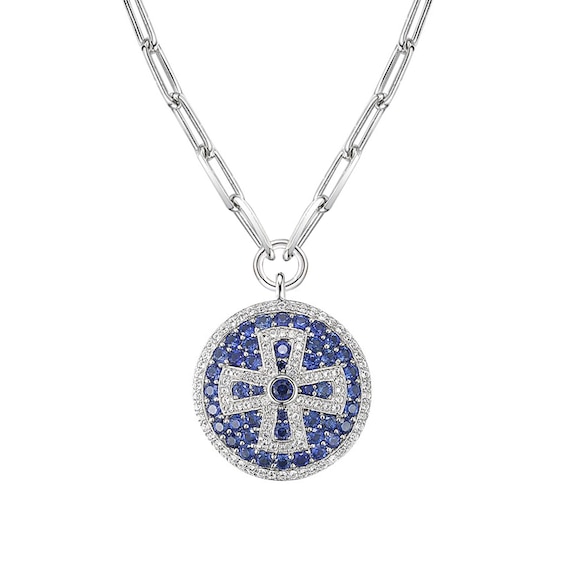 Blue and White Lab-Created Sapphire Cross Medallion Necklace in Sterling Silver - 16"