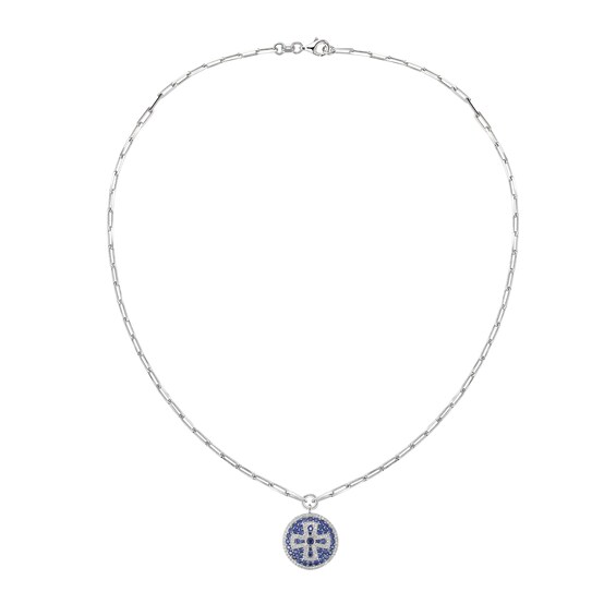 Blue and White Lab-Created Sapphire Cross Medallion Necklace in Sterling Silver - 16"