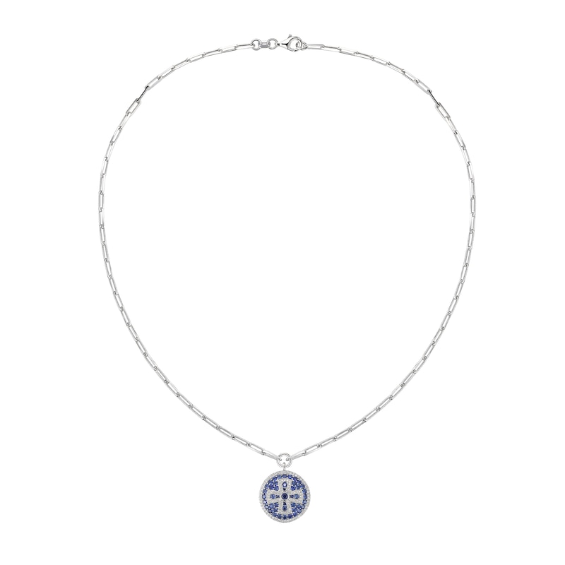 Main Image 2 of Blue and White Lab-Created Sapphire Cross Medallion Necklace in Sterling Silver - 16"