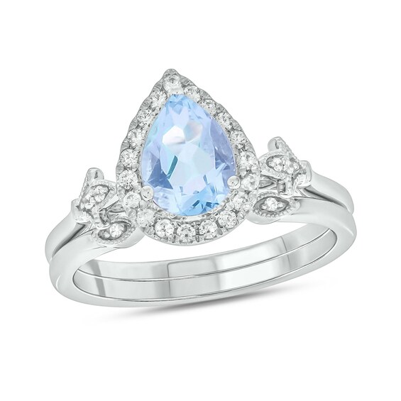 Pear-Shaped Aquamarine and 1/6 CT. T.w. Diamond Frame Fleur-de-Lis Bridal Set in 10K White Gold