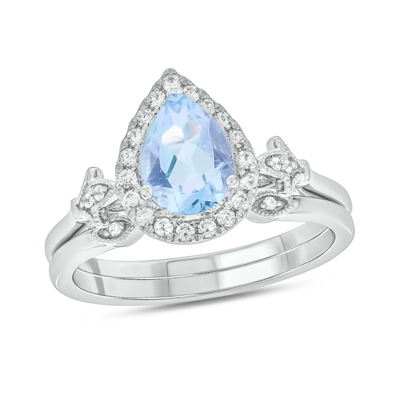 Main Image 1 of Pear-Shaped Aquamarine and 1/6 CT. T.W. Diamond Frame Fleur-de-Lis Bridal Set in 10K White Gold