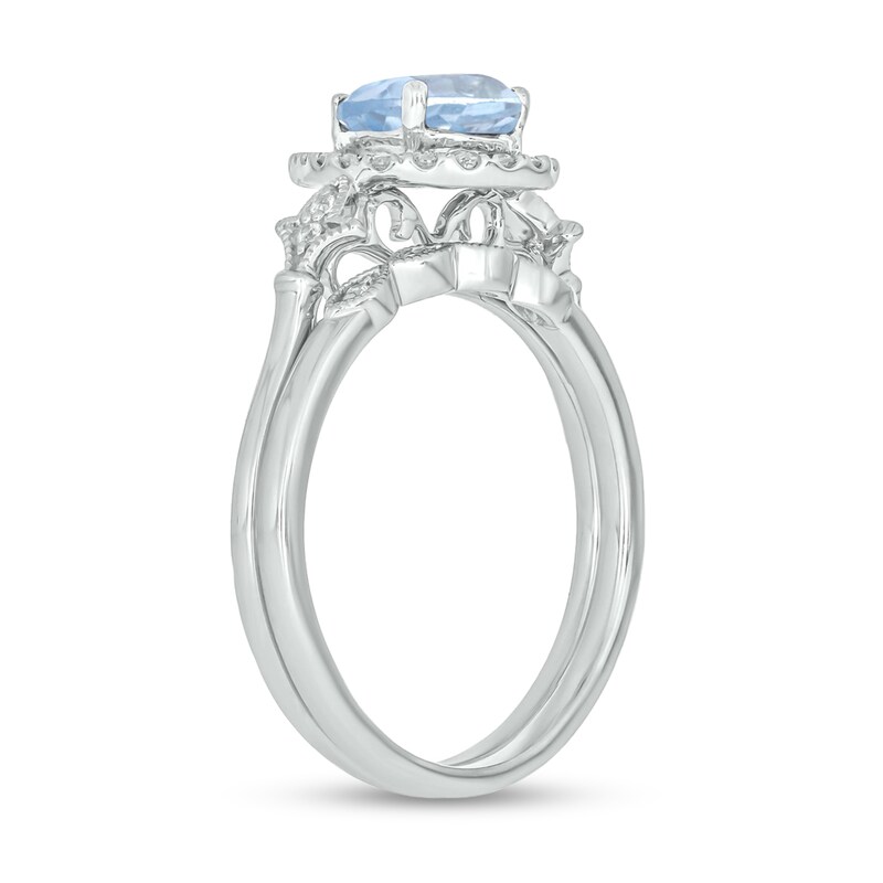 Main Image 2 of Pear-Shaped Aquamarine and 1/6 CT. T.W. Diamond Frame Fleur-de-Lis Bridal Set in 10K White Gold