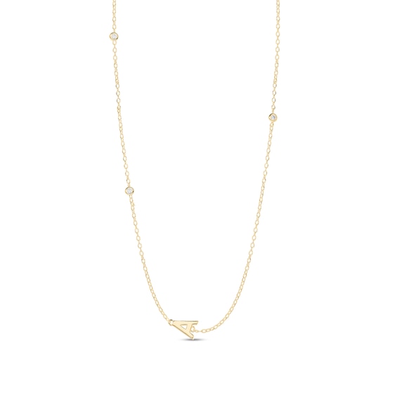 Cubic Zirconia Sideways Initial Station Necklace in Sterling Silver with 14K Gold Plate (1 Letter) - 20"