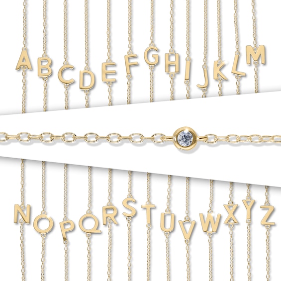 Cubic Zirconia Sideways Initial Station Necklace in Sterling Silver with 14K Gold Plate (1 Letter) - 20"