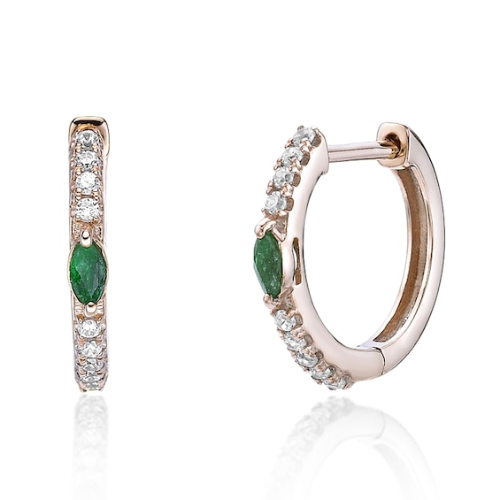 Marquise-Cut Emerald and 1/8 CT. T.w. Diamond Huggie Hoop Earrings in 10K Gold