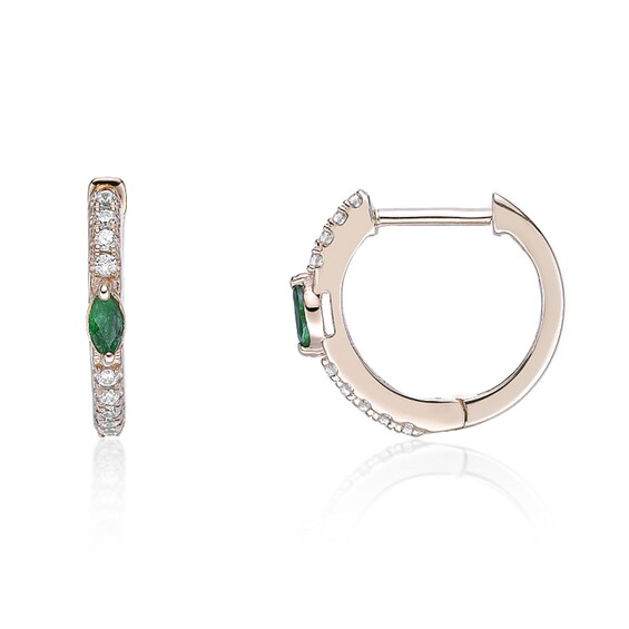 Marquise-Cut Emerald and 1/8 CT. T.w. Diamond Huggie Hoop Earrings in 10K Gold