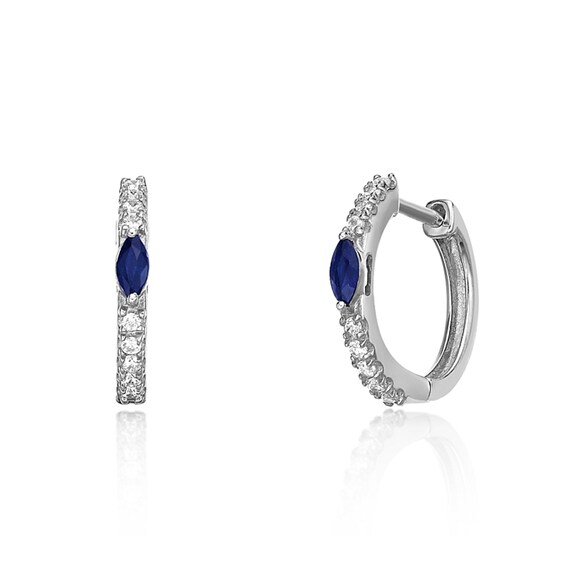 Marquise-Cut Blue Sapphire and 1/8 CT. T.w. Diamond Huggie Hoop Earrings in 10K White Gold