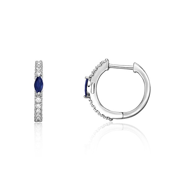 Marquise-Cut Blue Sapphire and 1/8 CT. T.w. Diamond Huggie Hoop Earrings in 10K White Gold