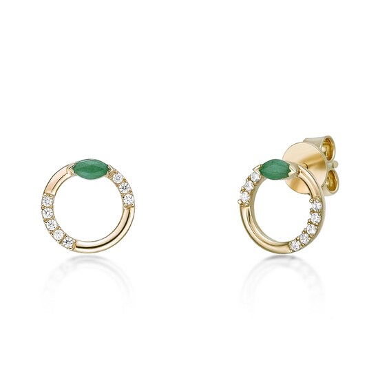 Marquise-Cut Emerald and 1/10 CT. T.w. Diamond Circle Stud Earrings in 10K Gold